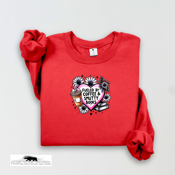 Red sweatshirt with a graphic design on a light gray background