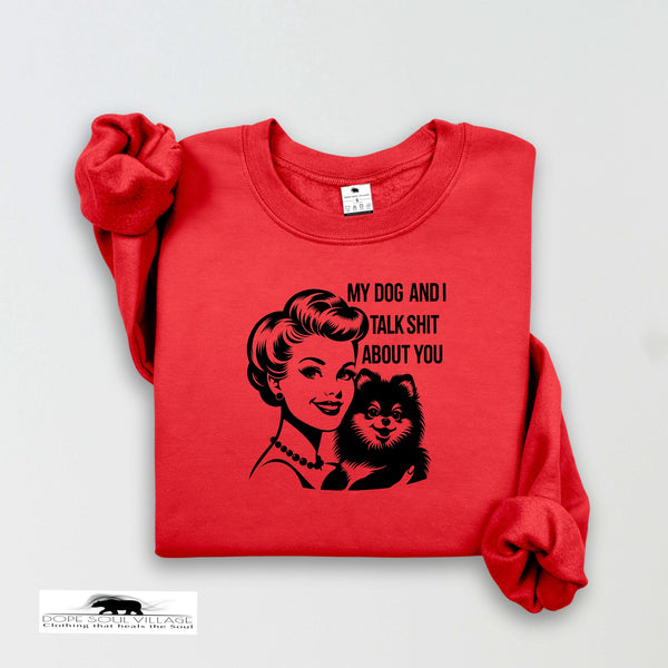 Red sweatshirt with graphic design and text on a white background
