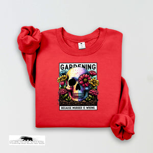 Red sweatshirt with a colorful skull design and text on a white background