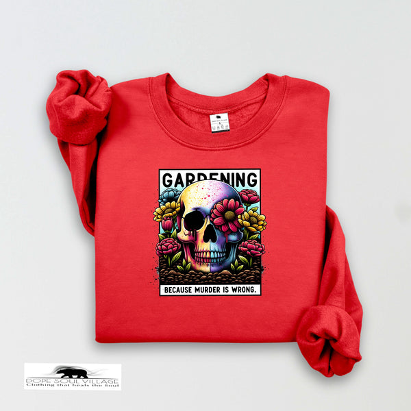 Red sweatshirt with a colorful skull design and text on a white background