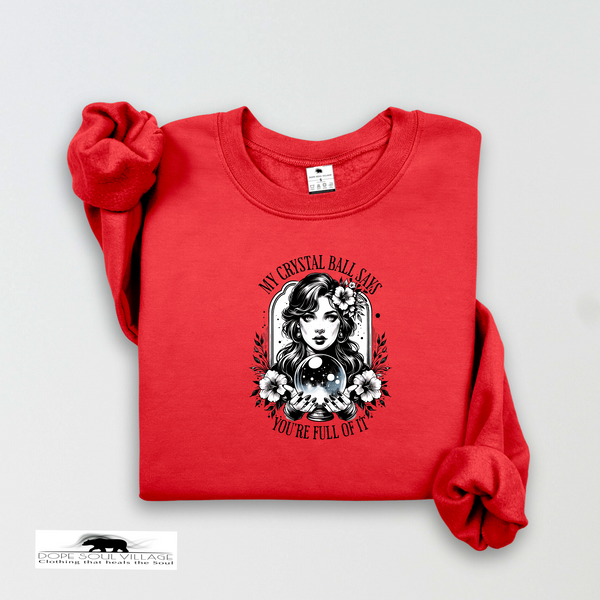 Red sweatshirt with a graphic design on a light gray background