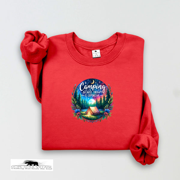 Red sweatshirt with a camping graphic and text on a light gray background