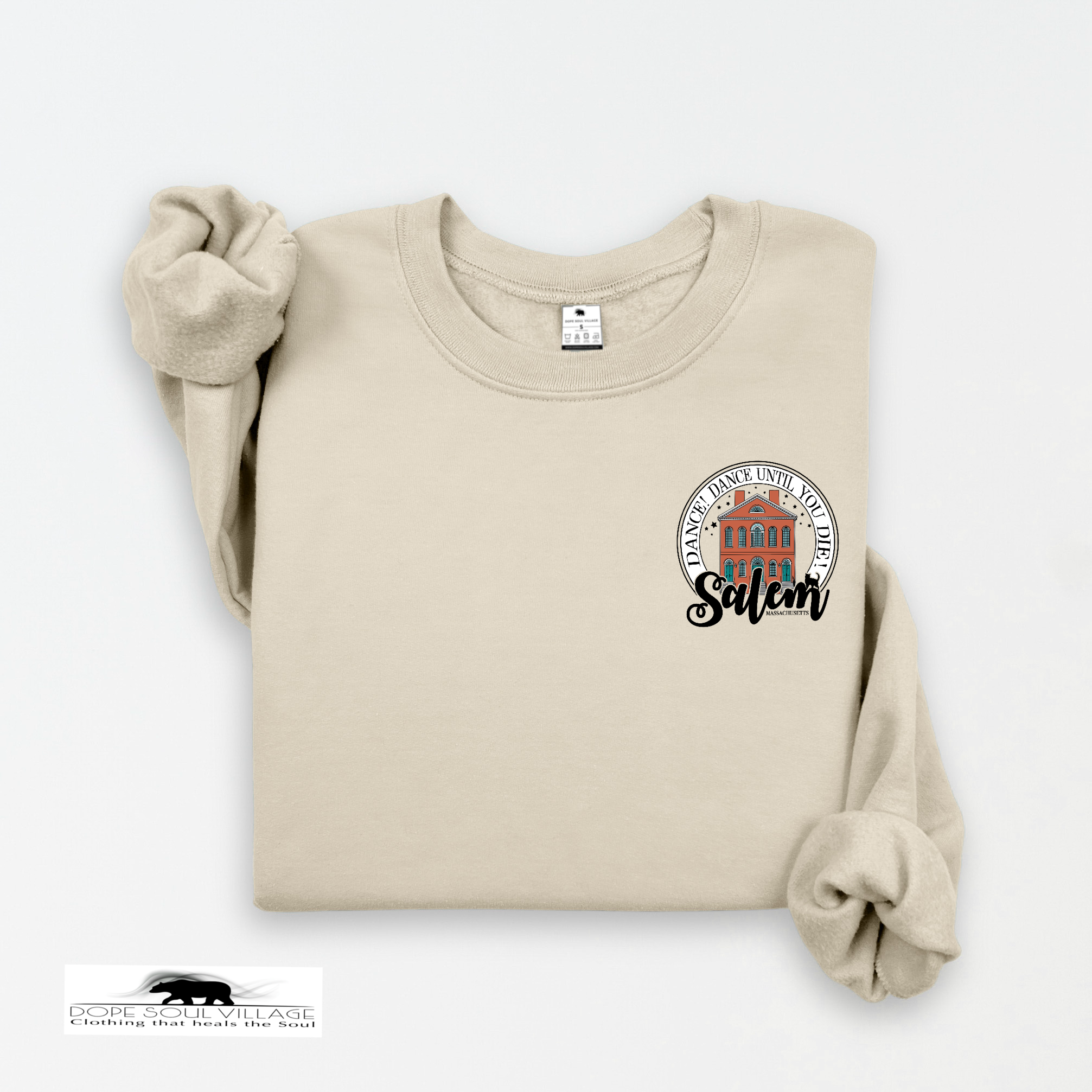 Beige sweatshirt with a graphic design on a white  salem sister halloween collection