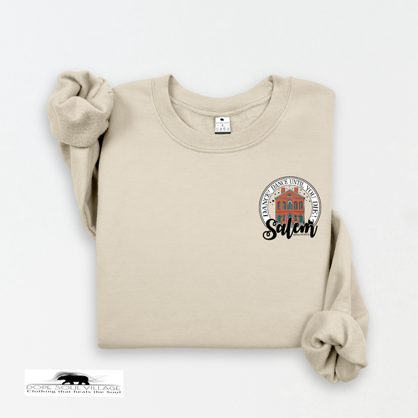 Beige sweatshirt with a graphic design on a white  salem sister halloween collection