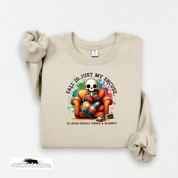 Beige sweatshirt with a skeleton design and text on a white background