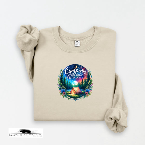 Beige sweatshirt with a colorful graphic and text on a white background