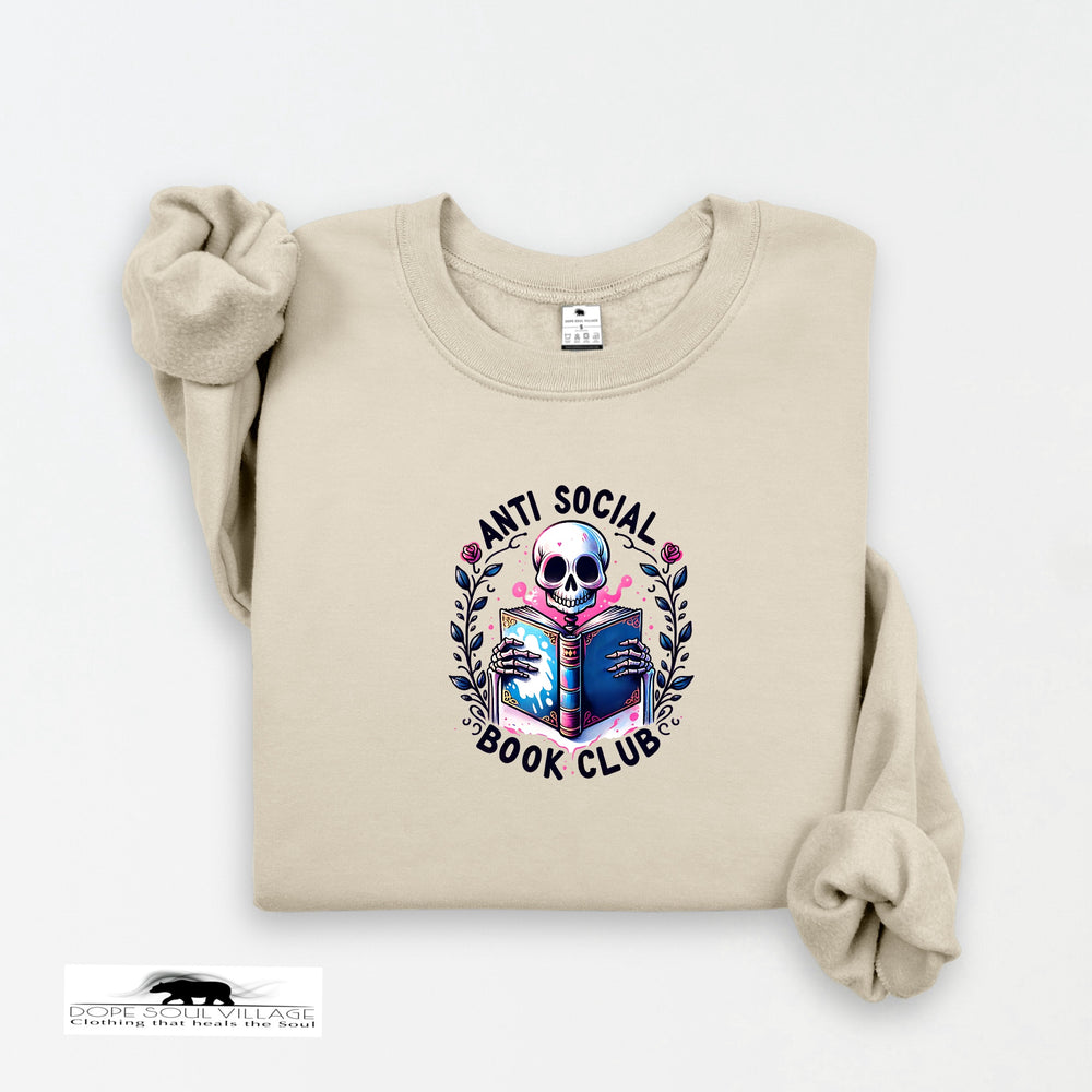 Beige sweatshirt with 'Anti Social Book Club' graphic design on a white background