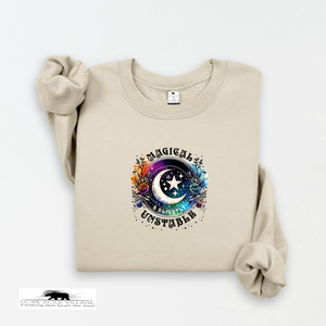 Beige sweatshirt with a colorful graphic design on a white background
