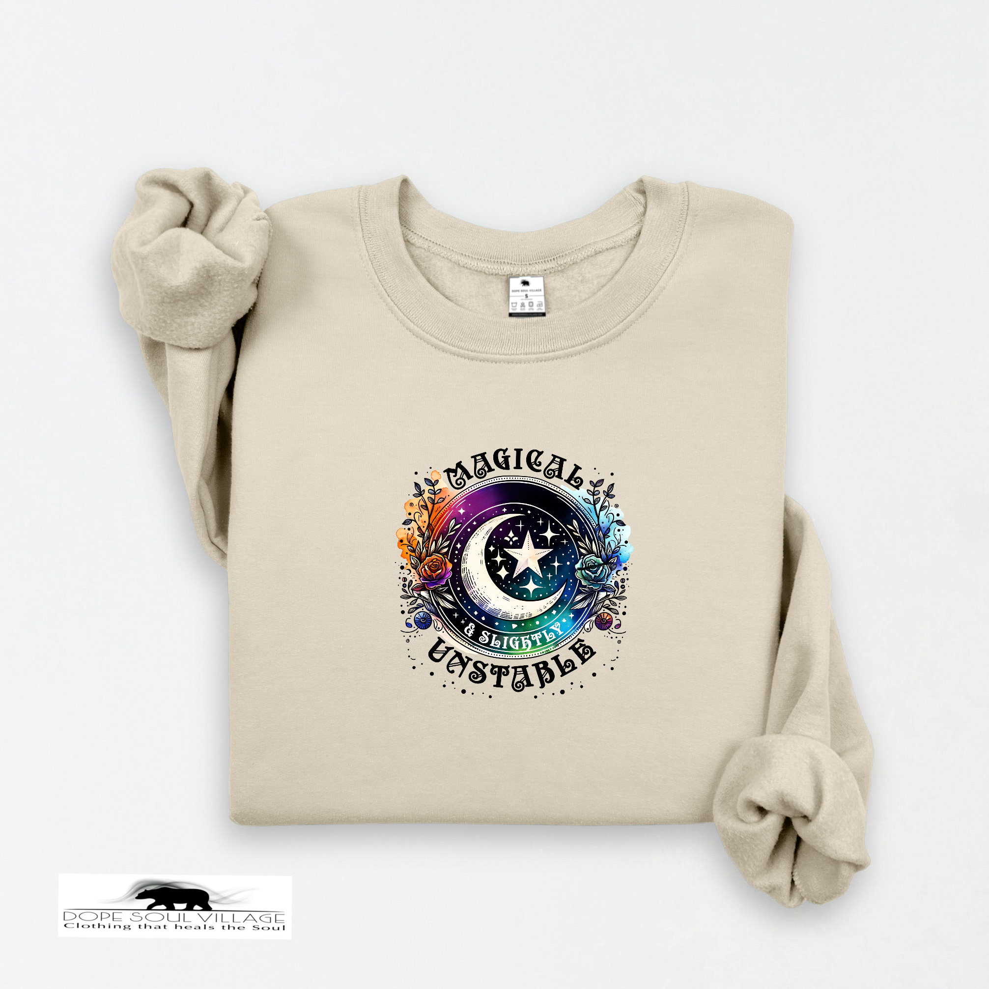 Beige sweatshirt with a colorful graphic design on a white background