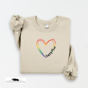 Beige sweatshirt with a rainbow heart and 'Happy Pride' text on a white background