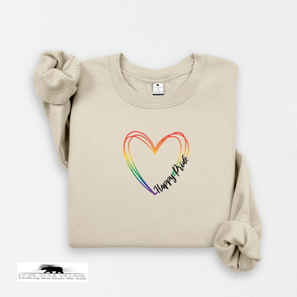Beige sweatshirt with a rainbow heart and 'Happy Pride' text on a white background