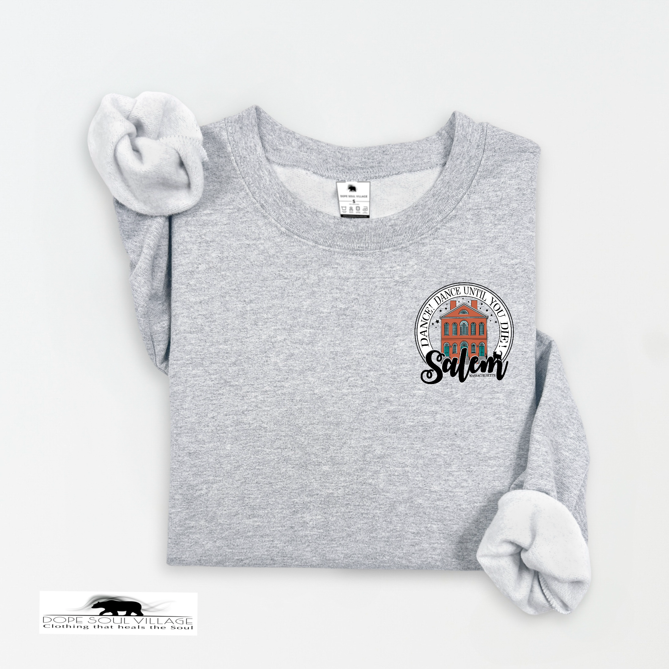 Gray sweatshirt with a graphic design on a white background salem sister halloween collection