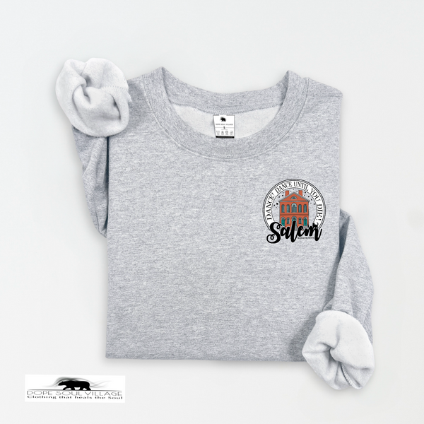 Gray sweatshirt with a graphic design on a white background salem sister halloween collection
