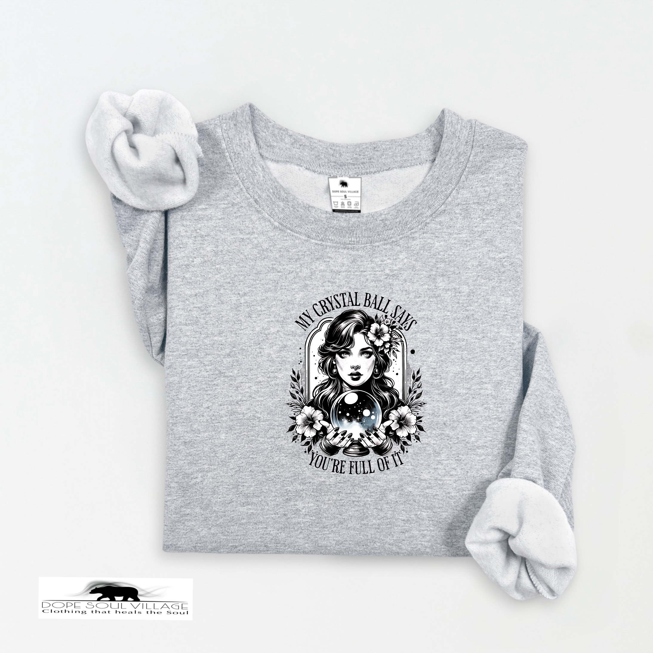 Gray sweatshirt with a graphic design on a white background