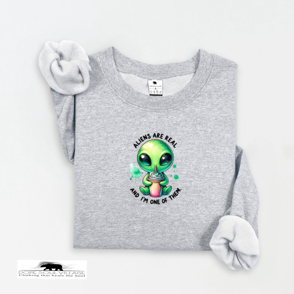 Gray sweatshirt with an alien graphic and text on a white background