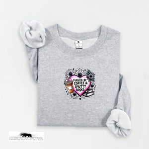 Gray sweatshirt with a graphic design on a white background