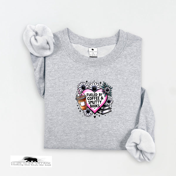 Gray sweatshirt with a graphic design on a white background