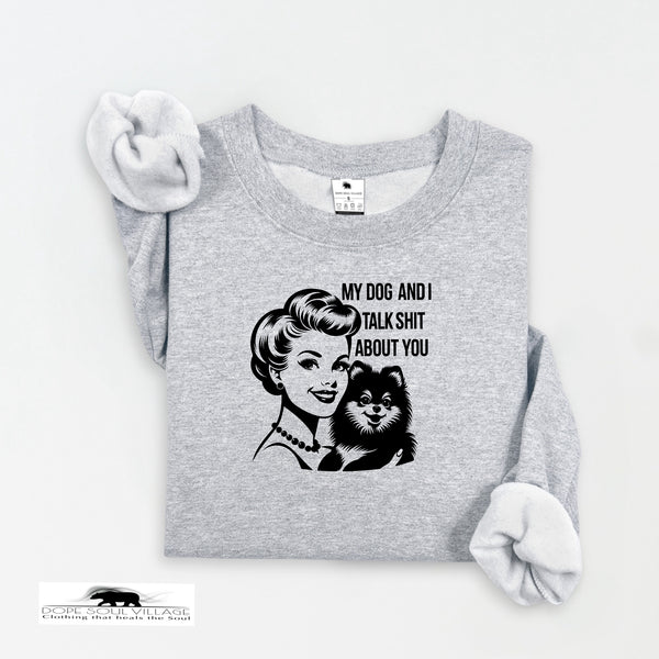 Gray sweatshirt with a graphic of a woman and dog and text on a white background