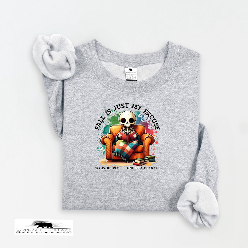 Gray sweatshirt with a skeleton design and text on a white background