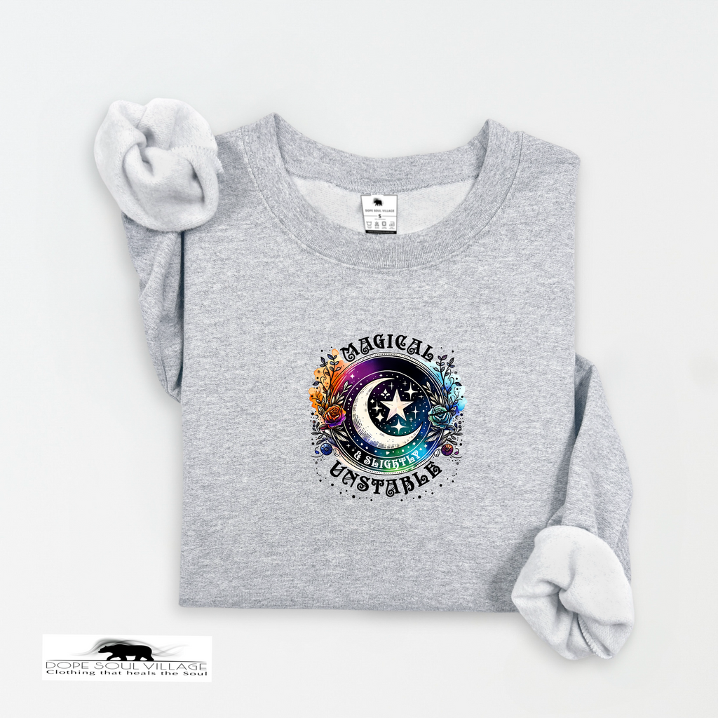 Gray sweatshirt with a colorful graphic design on a white background