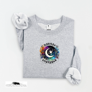 Gray sweatshirt with a colorful graphic design on a white background