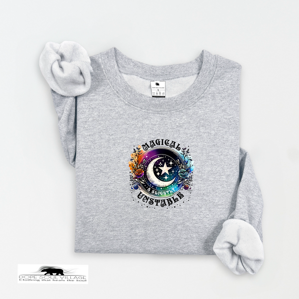 Gray sweatshirt with a colorful graphic design on a white background