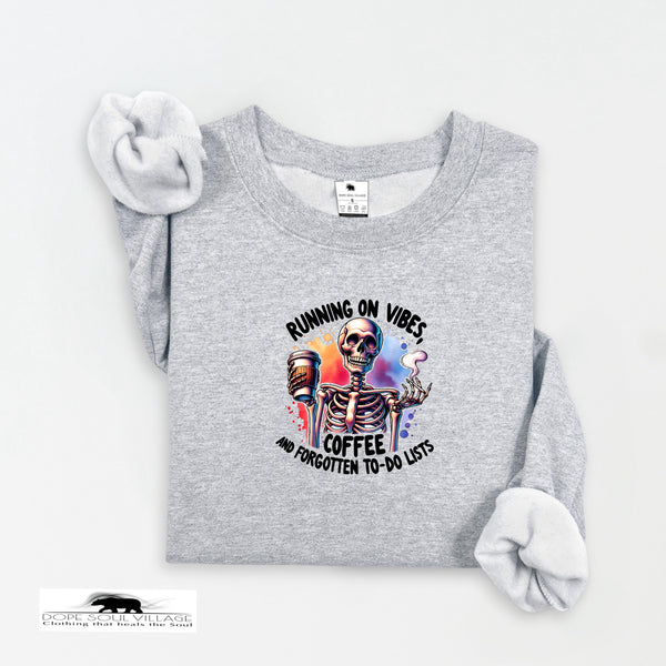 Gray sweatshirt with a skeleton graphic and text on a white background