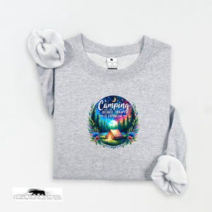 Gray sweatshirt with a colorful camping graphic and text on a white background