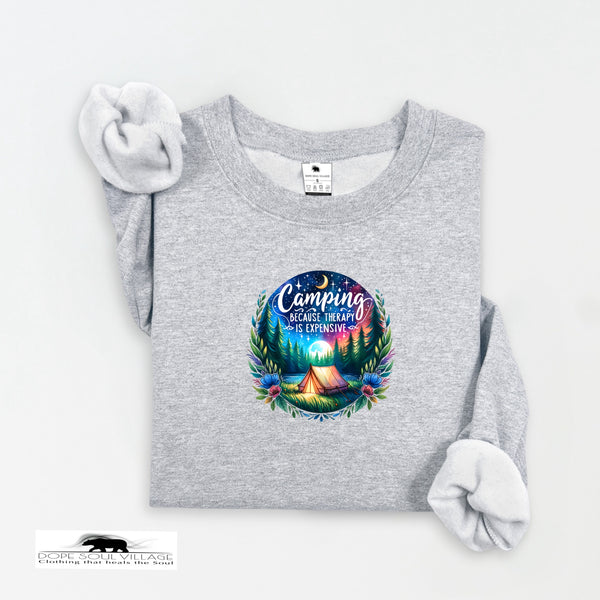 Gray sweatshirt with a colorful camping graphic and text on a white background