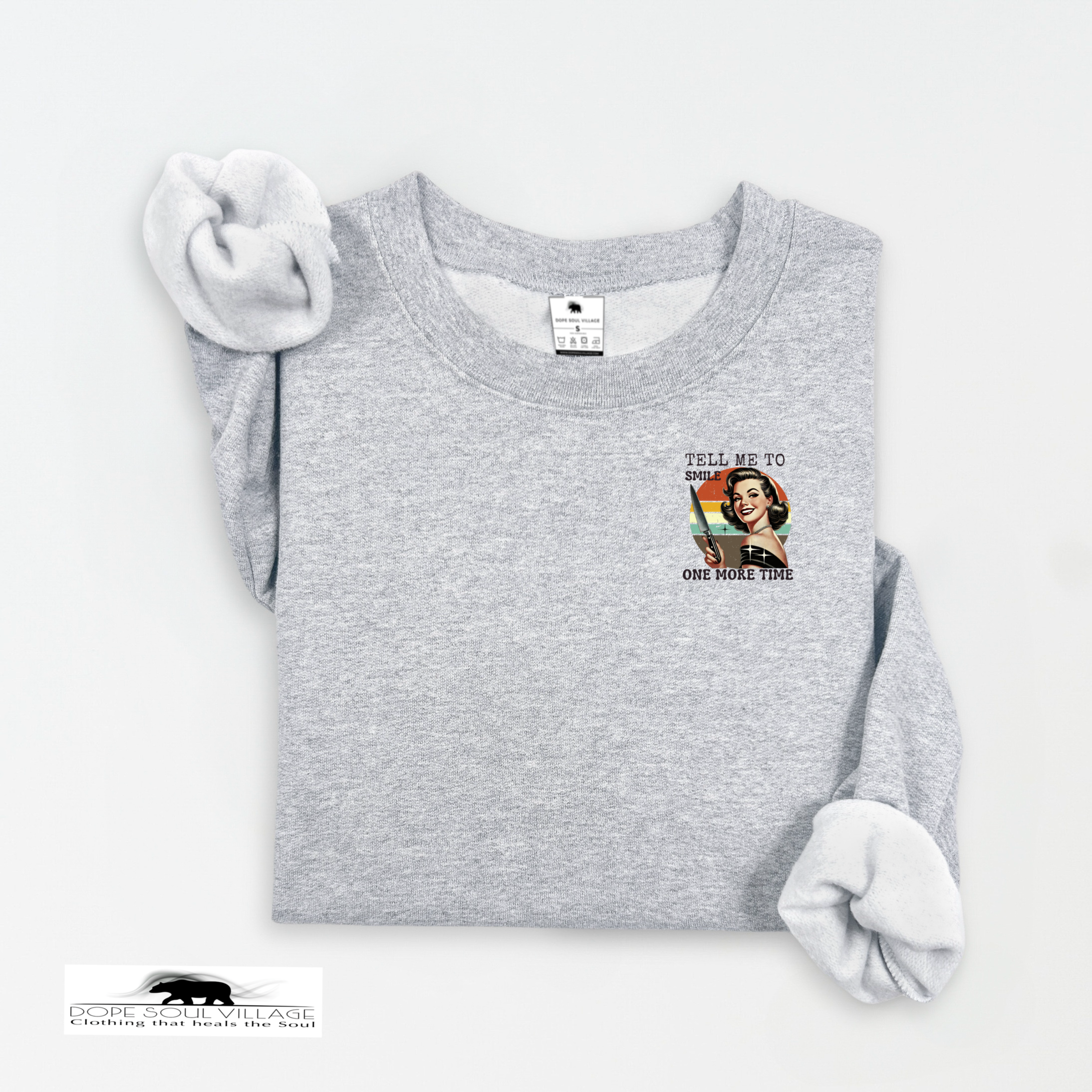 Gray sweatshirt with a graphic design on a white background