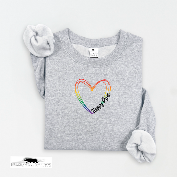 Gray sweatshirt with rainbow heart and 'Happy Pride' text on a white background