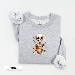 Gray sweatshirt with a skeleton design on a white background