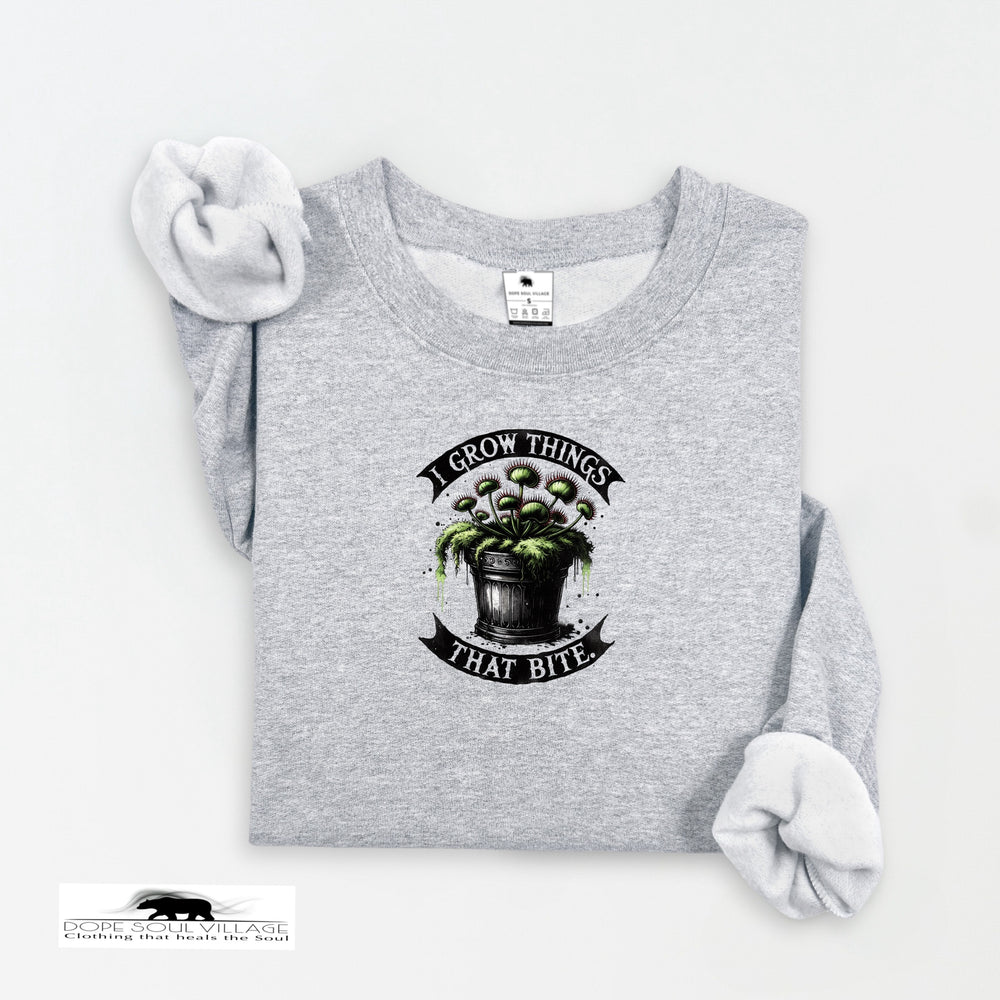Gray sweatshirt with a graphic design on a white background