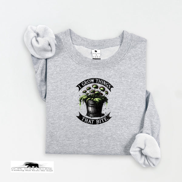 Gray sweatshirt with a graphic design on a white background