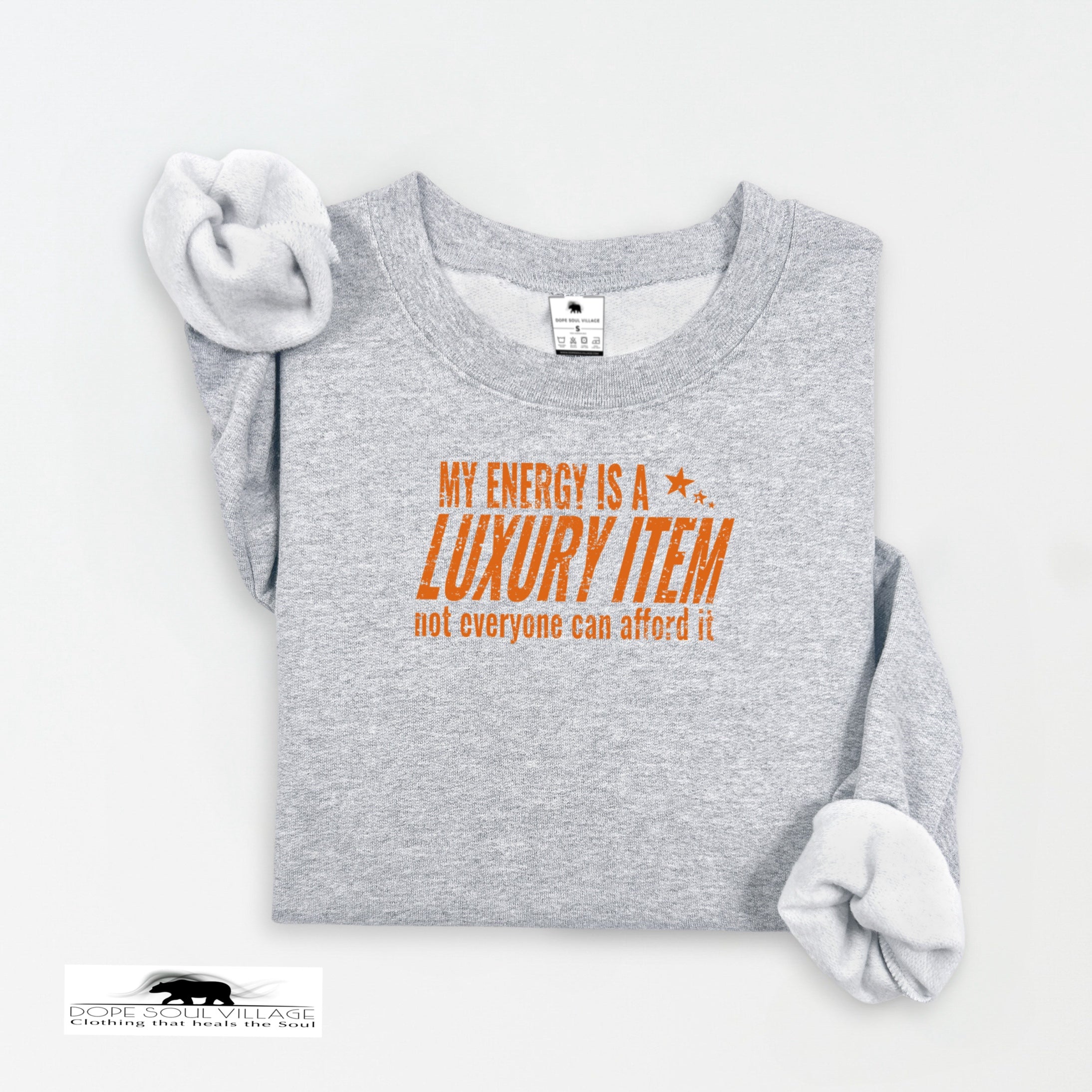 Gray sweatshirt with orange text on a white background