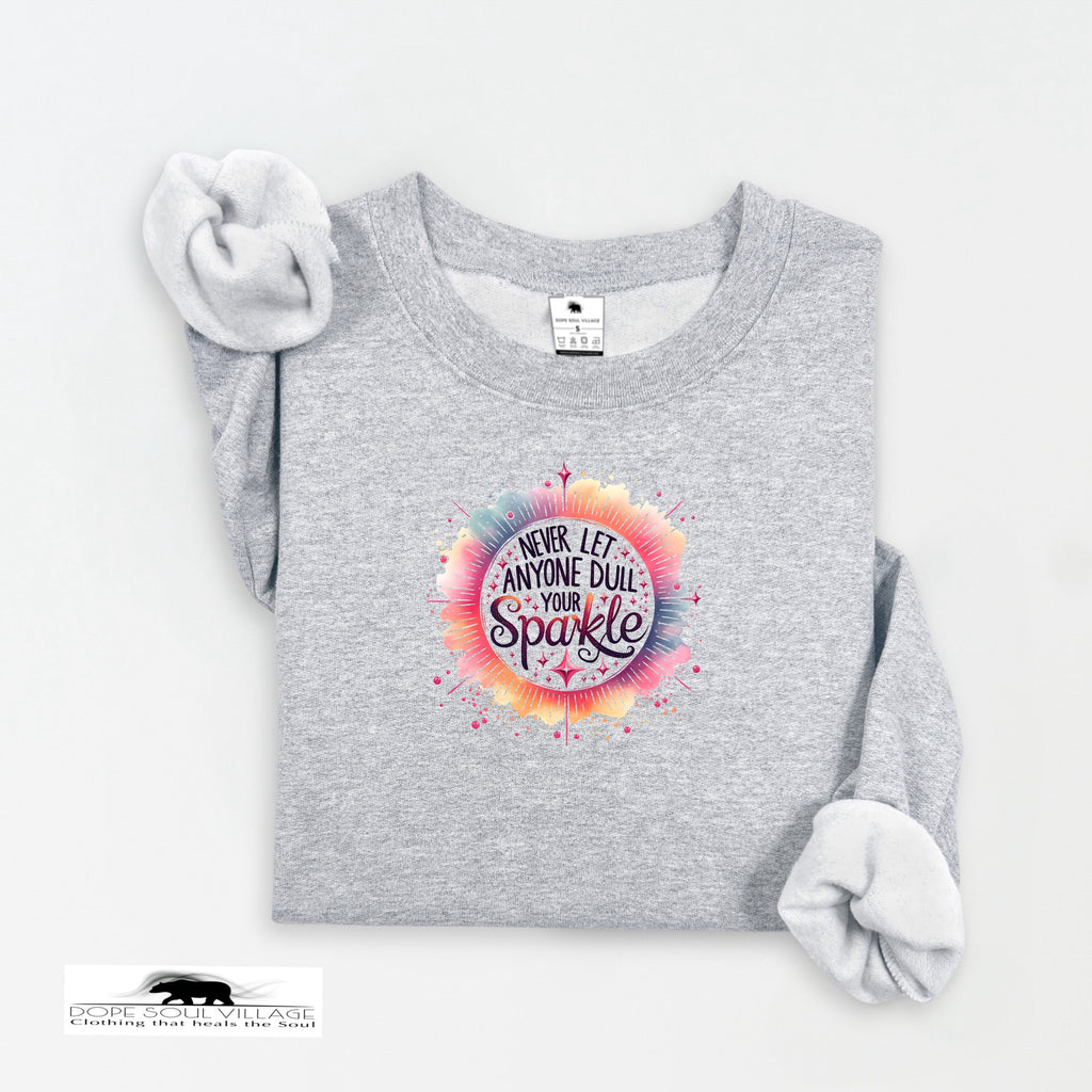 Gray sweatshirt with a colorful graphic and text on a white background