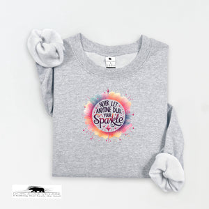Gray sweatshirt with a colorful graphic and text on a white background