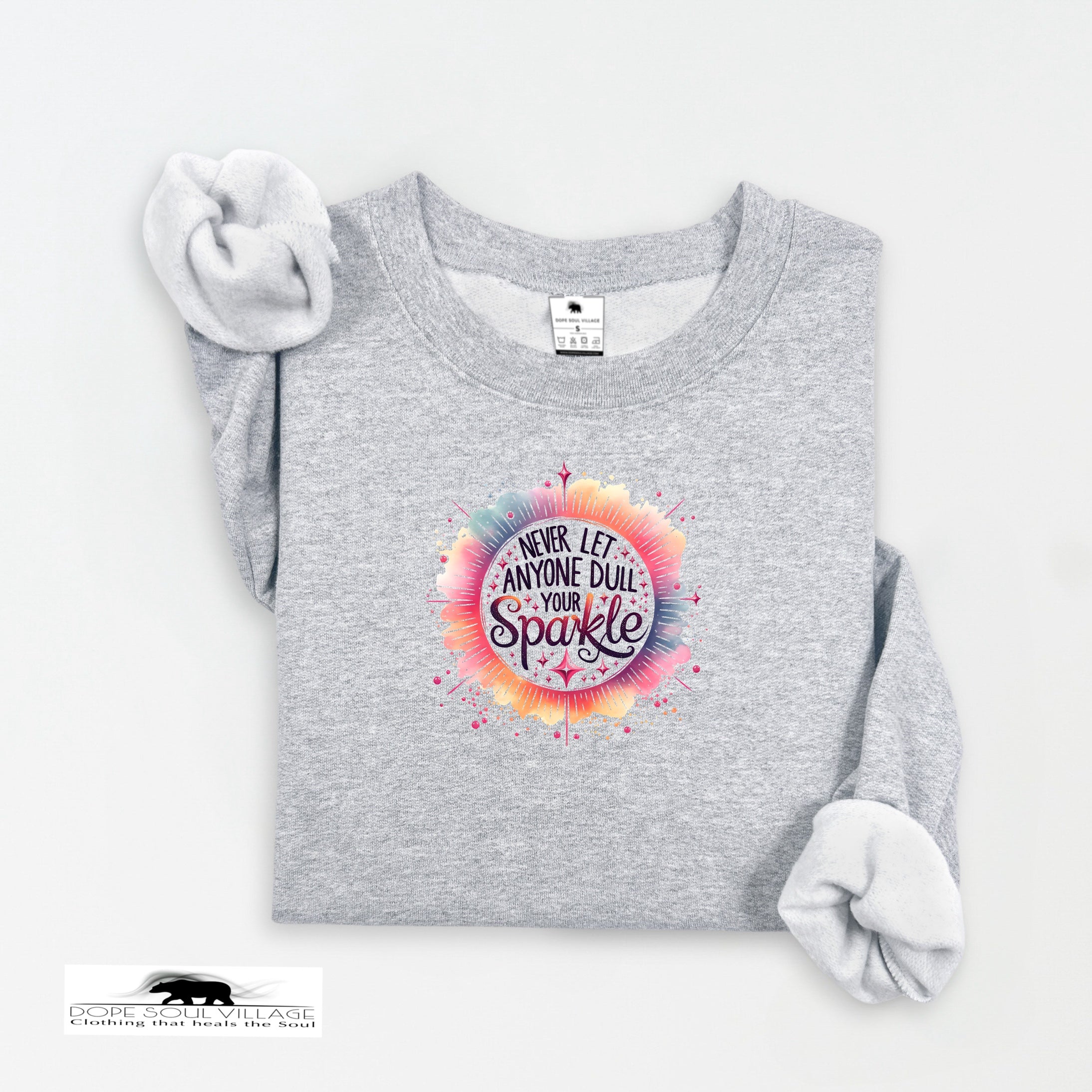 Gray sweatshirt with a colorful graphic and text on a white background