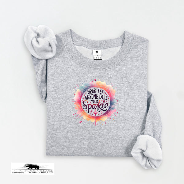 Gray sweatshirt with a colorful graphic and text on a white background