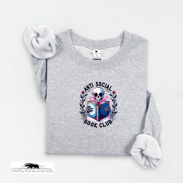 Gray sweatshirt with 'Anti Social Book Club' design on a white background