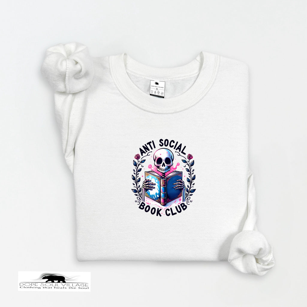 White t-shirt with 'Anti Social Book Club' design featuring a skull and books on a white background.