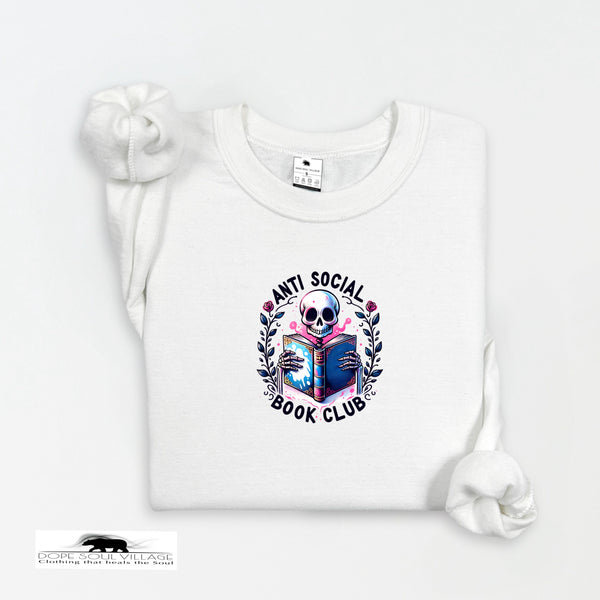 White t-shirt with 'Anti Social Book Club' design featuring a skull and books on a white background.
