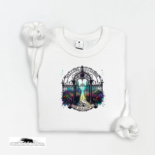 White t-shirt with a gate design and text on a white background