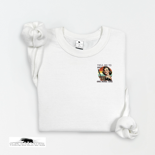 White t-shirt with graphic design and text on a white background
