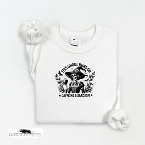 White t-shirt with black graphic design and text on a white background