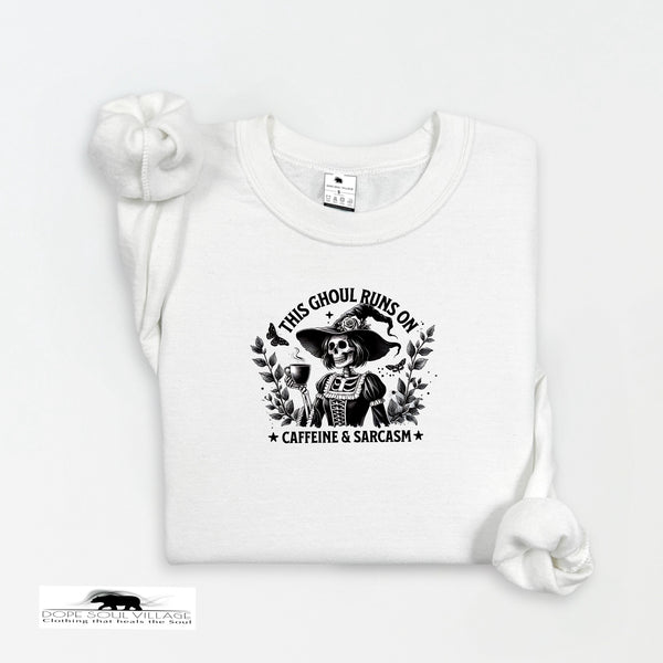 White t-shirt with black graphic design and text on a white background