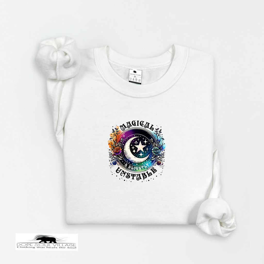 White t-shirt with colorful graphic design and text on a white background