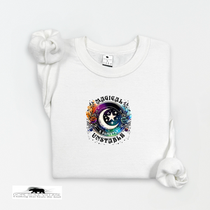 White t-shirt with colorful graphic design and text on a white background