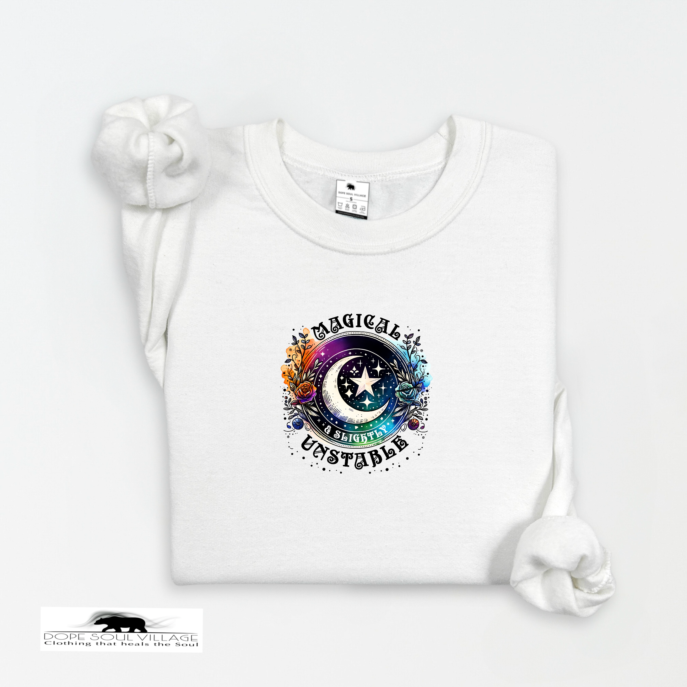 White t-shirt with colorful graphic design and text on a white background