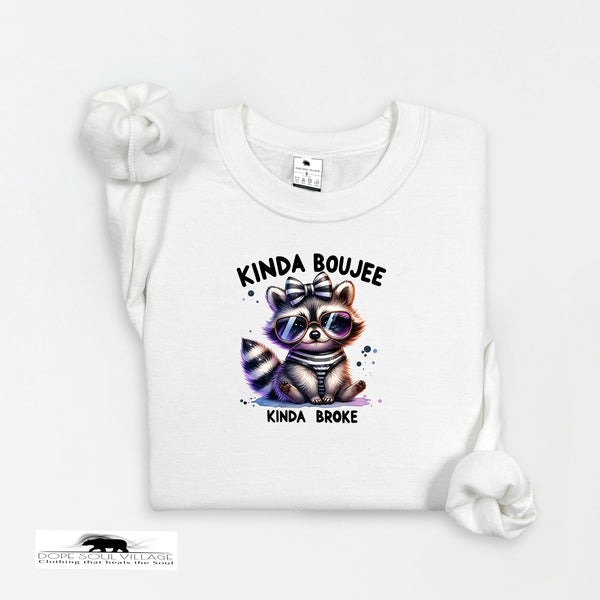 White t-shirt with a raccoon graphic and text on a white background